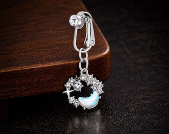 Silver Moon Star Belly Ring with Opal Dangle Navel Piercing Celestial Crystal Jewelry