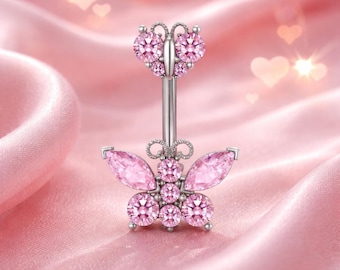 Pink Butterfly Belly Button Ring, Cute Navel Piercing Jewelry, Crystal Rhinestone Belly Bar, Feminine Body Jewelry Gift