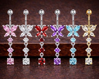 Butterfly Belly Ring Dangle CZ Navel Piercing Jewelry Surgical Steel Bar Pink Blue Red Crystal