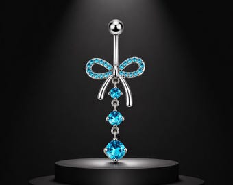 Piercing para ombligo con lazo de cristal azul, joyería colgante de acero quirúrgico para ombligo
