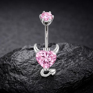 Pink Crystal Belly Ring, Stainless Steel Navel Piercing, Cute Dangle Belly Button Jewelry Gift