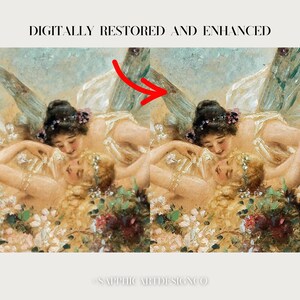 May include: A side-by-side comparison of a painting featuring two figures with wings, one with dark hair and one with blonde hair, surrounded by flowers. A red arrow points to the right image. Text reads: DIGITALLY RESTORED AND ENHANCED and SAPPHICARTDESIGNCO.
