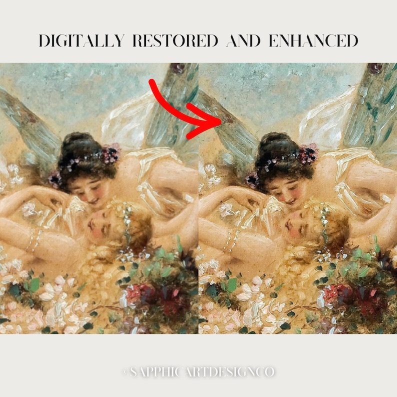 May include: A side-by-side comparison of a painting featuring two figures with wings, one with dark hair and one with blonde hair, surrounded by flowers. A red arrow points to the right image. Text reads: DIGITALLY RESTORED AND ENHANCED and SAPPHICARTDESIGNCO.