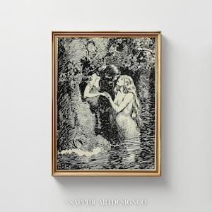 The Nymph caught the Dryad in her arms art print, lesbian art, sapphic art, wlw art, lesbian painting, lesbian wall art