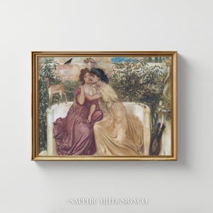 May include: A framed print of a classical painting featuring two women in flowing gowns embracing. The artwork is set in a garden with a deer statue and lush greenery. The frame is gold.