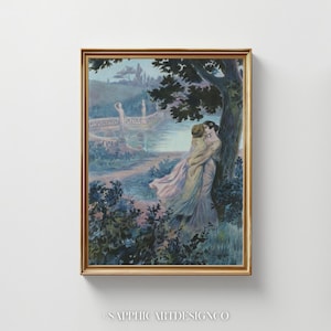May include: Framed art print featuring a romantic scene of two figures embracing under a tree. The artwork is set in a serene landscape with a bridge and water in the background. The color palette includes blues, greens, and soft pinks.