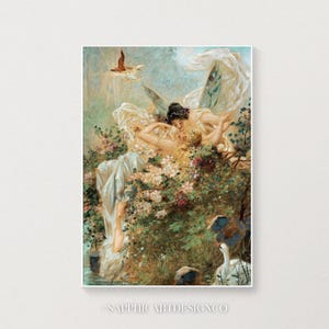 May include: A vertical art print featuring a painting of two figures with wings embracing amidst a dense thicket of white and pink flowers. A bird flies in the upper left, and a white swan is visible in the lower right. Text reads SAPPHICARTDESIGNCO.