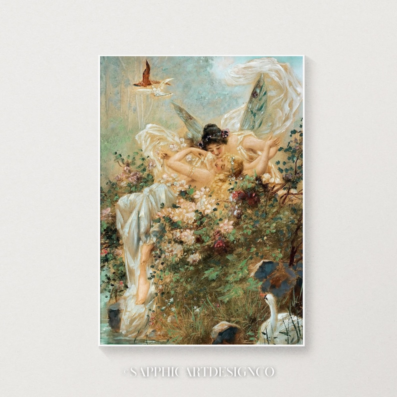May include: A vertical art print featuring a painting of two figures with wings embracing amidst a dense thicket of white and pink flowers. A bird flies in the upper left, and a white swan is visible in the lower right. Text reads SAPPHICARTDESIGNCO.