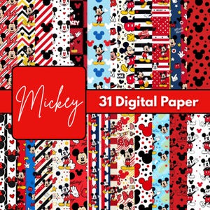Könnte beinhalten: Eine Sammlung von 31 digitalen Papierbögen mit verschiedenen Mickey Mouse-Mustern, darunter Punkte, Streifen, Zickzacklinien und Sterne in Rot, Schwarz, Weiß, Gelb und Blau. Das Bild enthält den Text Mickey 31 Digital Paper.