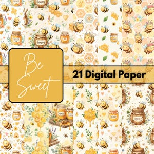 Watercolor Bee Digital Paper Bundle | Honeycomb Floral Scrapbook Backgrounds for Junk Journal Crafts Printable Papers Kit