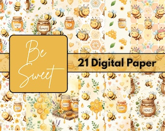 Watercolor Bee Digital Paper Bundle | Honeycomb Floral Scrapbook Backgrounds for Junk Journal Crafts Printable Papers Kit