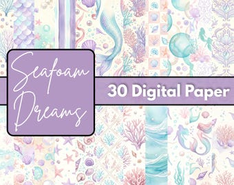 Seafoam Serenity Digital Paper, 12x12 JPG Scrapbook Backgrounds, Ocean Green Printable Paper, Coastal Craft Paper, Digital Download