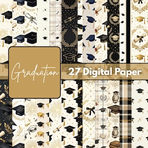 Puede incluir: Una colección de 27 diseños de papel digital con temática de graduación. Los patrones presentan gorras de graduación, diplomas y elementos decorativos en oro, negro y blanco. La palabra "Graduation" se muestra en un cuadrado dorado.