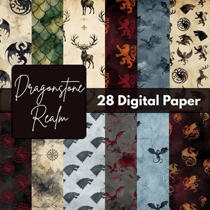 Può includere: Una collezione di 28 carte digitali con motivi fantasy tra cui draghi, cervi, leoni e teste di lupo. I motivi incorporano texture di pergamena, effetti acquerello e simboli araldici nelle tonalità del rosso, nero, blu e oro.