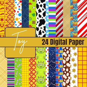 May include: A selection of 24 digital paper designs featuring diverse patterns and colours. The designs include stripes, polka dots, cow print, and character-themed patterns. The word "Toy" is written in a cursive font, and the text "24 Digital Paper" is also present.
