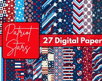 Patriotic Stars Digital Paper 12x12 JPG, Americana Scrapbook Backgrounds, Red White Blue Printable Paper, Fourth of July Craft Design