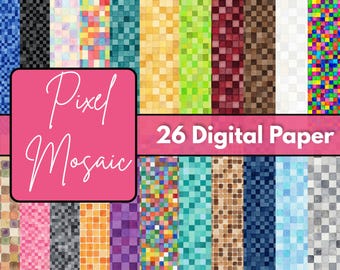 Pixel Mosaic Digital Paper Collection, 12x12 JPG Scrapbook Backgrounds, Geometric Digital Prints, Creative Craft Paper, Instant Download