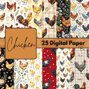 Può includere: Una collezione di 25 carte digitali con varie illustrazioni di polli e galli. I disegni includono polli, galli e pulcini su sfondi con motivi floreali, a pois e a quadri, con il testo Chicken 25 Digital Paper.