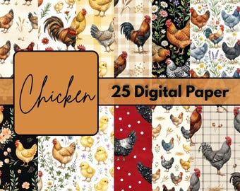 Farmyard Chicken Digital Paper Pack, Rooster and Hen Pattern Backgrounds, Rustic Poultry Scrapbook Sheets, Commercial Use