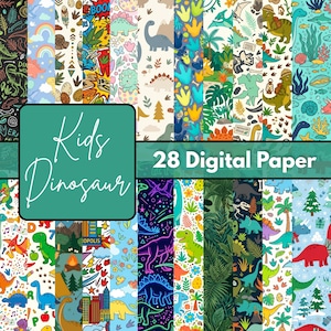 Op de afbeelding: Een collectie van 28 digitaal papier met kleurrijke dinosaurusillustraties, prehistorische landschappen, tropisch gebladerte en feestelijke motieven. De afbeelding bevat een blauwgroene overlay met de witte tekst Kids Dinosaur 28 Digital Paper.