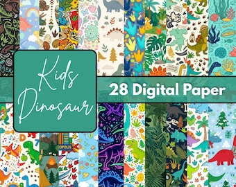 Cute Dinosaur Digital Paper Pack, Kids Prehistoric Scrapbook Papers, 12x12 Printable JPG Backgrounds for Crafts, Tags & Stickers