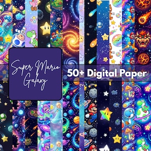 May include: A collection of digital papers featuring Super Mario Galaxy themes. The designs include characters, planets, stars, and galaxies in vibrant colors. The image includes the text "Super Mario Galaxy" and "50+ Digital Paper".