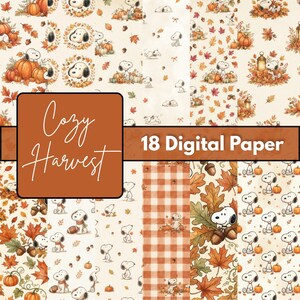 Peut inclure: Une collection de 18 papiers numériques illustrant Snoopy, des citrouilles, des feuilles d'automne et des glands dans des tons chauds. Le texte Cozy Harvest 18 Digital Paper est superposé sur une bannière rectangulaire brune au centre.