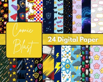 Retro Comic Pop Art Digital Paper Pack, Bold Cartoon Style Backgrounds, Colorful Speech Bubble Patterns, 12x12 JPG 300 DPI Download