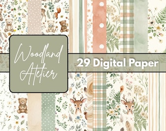 Watercolor Woodland Seamless Digital Paper Pack | Forest Animal Nursery Patterns with Plaid Gingham Stripes for Fabric Crafts DIY