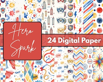 Hero Spark Digital Paper, Superhero Inspired Scrapbook Backgrounds, Comic Style Printable Paper, 12x12 JPG, Digital Download