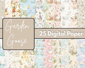 Garden Goose Digital Paper, Cottage Garden Printable Backgrounds, Floral Bird Scrapbook Paper, 12x12 JPG Download