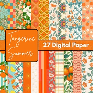 以下が含まれることがあります： Tangerine Summerのパターンが施された27種類のデジタルペーパーコレクション。オレンジの果実、緑の葉、白い花、幾何学的なダイヤモンド模様、チェック柄、ストライプ、太陽、花柄が、オレンジ、クリーム、ティールブルーの色合いでデザインされています。