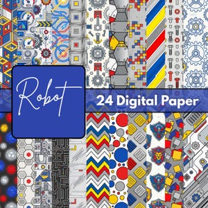 May include: A collection of 24 digital paper patterns featuring mechanical and robotic themes. Designs include gears, circuit boards, pistons, bolts, chevron stripes, colorful geometric shapes, and stylized animal crests in red, blue, yellow, and gray.