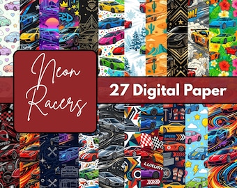 Neon Racing Digital Paper Pack, Futuristic Speed Backgrounds, Colorful Motorsport Patterns, Printable Scrapbook JPG Download