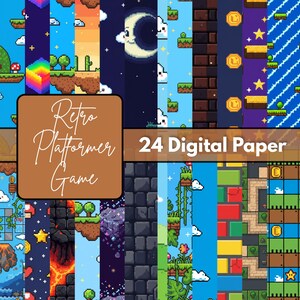 May include: A collection of 24 digital papers with pixelated retro game designs. The papers feature various game elements, including platforms, coins, stars, and a crescent moon. The text "Retro Platformer Game" and "24 Digital Paper" are displayed on the image.