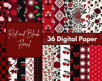 Crimson and Ebony Floral Digital Paper Pack, Elegant Botanical Backgrounds, Romantic Bloom Patterns, 12x12 JPG, 300 DPI Download