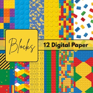 May include: A collection of 12 digital papers with colorful block designs. The papers feature various patterns, including solid colors, brick layouts, and smiley faces. The word "Blocks" is displayed in a yellow square, and the text "12 Digital Paper" is also visible.