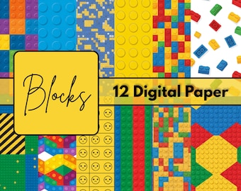 Building Blocks Digital Paper Pack | Colorful Toy Brick Patterns 12x12 JPG 300 DPI Printable Scrapbook Papers Download Kit