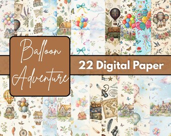Vintage Hot Air Balloon Adventure Digital Paper Pack, Sky Travel Scrapbook Backgrounds, Printable JPG 12x12, 300 DPI Download Set