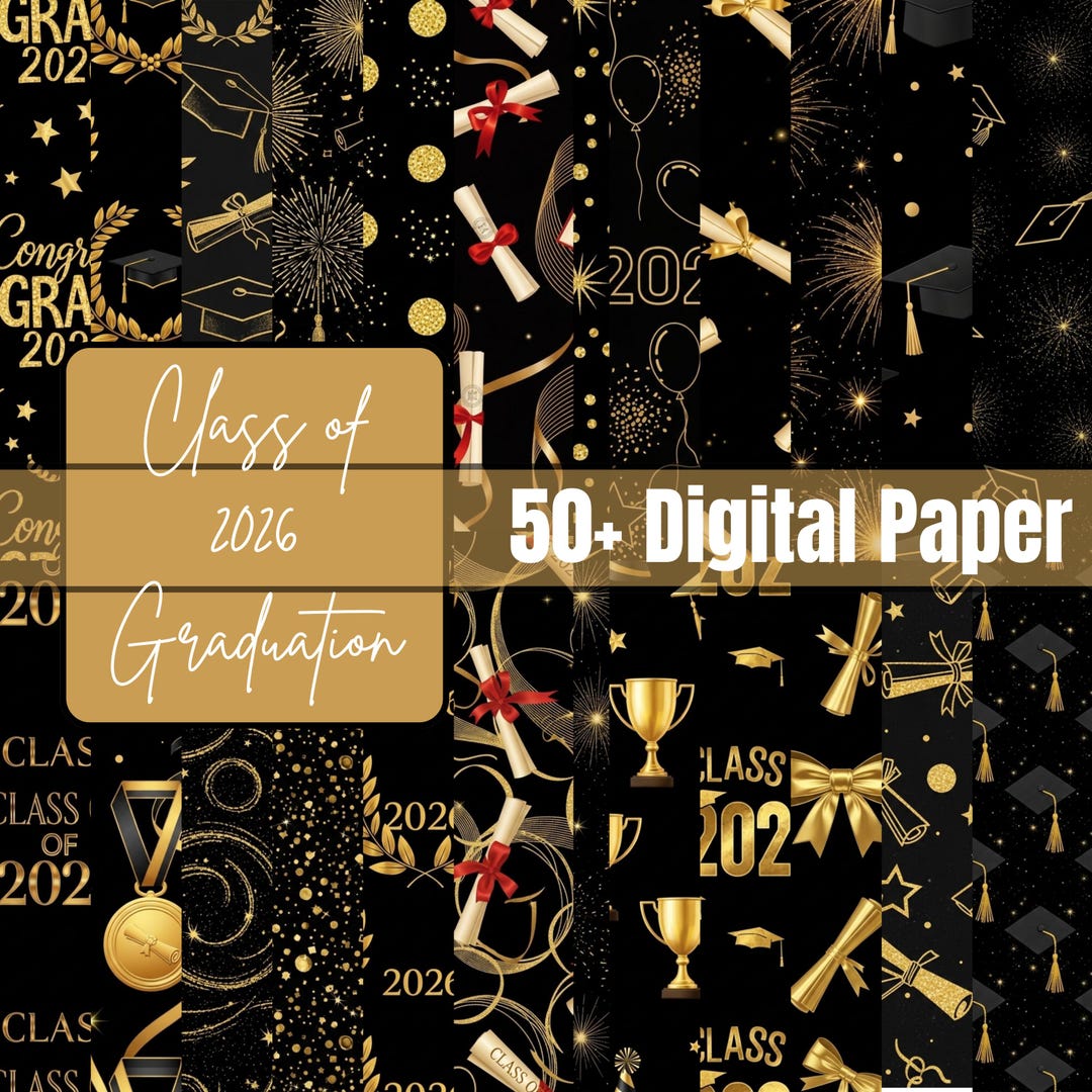 Class of 2026 Graduation Digital Paper Pack 12x12 JPG | Black Gold Grad ...
