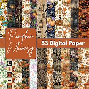 Può includere: Una collezione di 53 design di carta digitale con temi di Halloween e autunnali, tra cui zucche, funghi, lanterne, architettura gotica e testo in stile vintage, presentati in una griglia di motivi verticali con toni arancioni e scuri.