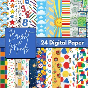 May include: A collection of 24 digital paper patterns featuring colorful designs including rainbows, stars, musical notes, crayons, clouds, feathers, a sun, stripes, recycling symbols, city maps, letters, apples, worms, footprints, and geometric shapes.
