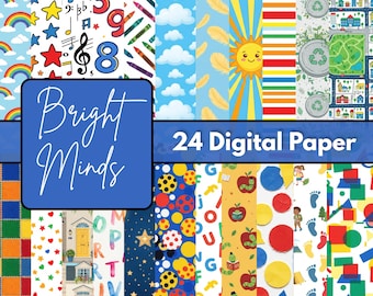 Colorful Learning Digital Paper Pack, Bright School Pattern Backgrounds, Education Scrapbook Papers, Printable Craft Download Set