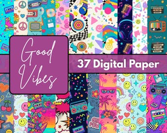Positive Vibes Digital Paper Pack, Colorful Happy Pattern Backgrounds, Bright Scrapbook Designs, Printable JPG, 12x12, 300 DPI Set