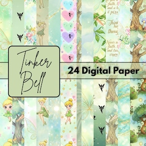 May include: A collection of 24 digital papers with a Tinker Bell theme. The papers feature illustrations of fairies, hearts, trees, and floral designs in shades of green, blue, and pink. The words "Tinker Bell" and "24 Digital Paper" are displayed.