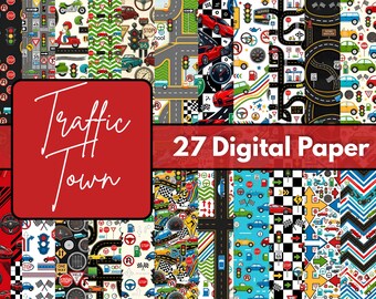 Traffic Town Digital Paper, 12x12 JPG Scrapbook Backgrounds, Cars, Roads, City Vehicles, Kids Party Craft, Printable Digital Download