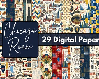 Chicago City Adventure Digital Paper, Urban Travel Scrapbook Backgrounds, 12x12 JPG Printable Paper, City Life Craft Download