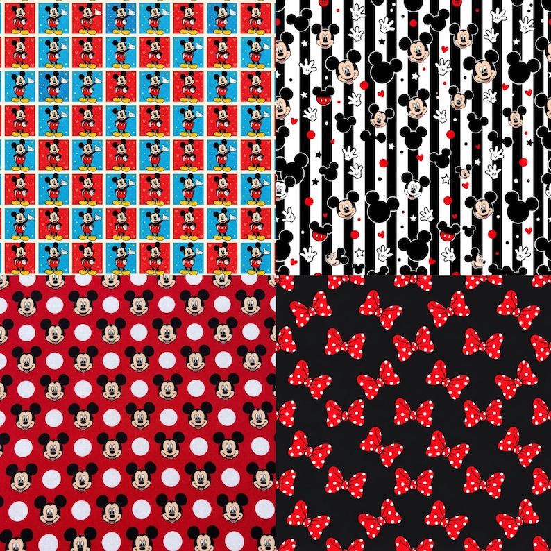 Puede incluir: Cuatro dise&ntilde;os de tela con Mickey y Minnie Mouse. Los patrones incluyen a Mickey Mouse en cuadrados, rayas blancas y negras con Mickey Mouse, lunares rojos con Mickey Mouse y lazos rojos con lunares blancos.
