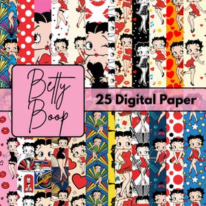 May include: A collection of 25 digital papers featuring various patterns and images of Betty Boop. The designs include polka dots, hearts, and Betty Boop in different poses and outfits. The text "Betty Boop" and "25 Digital Paper" are also visible.