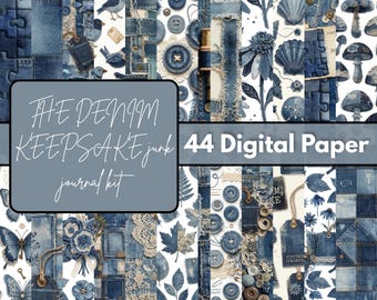 Vintage Denim Inspired Junk Journal Kit Digital Paper Bundle, Blue Textile Ephemera Pages, Scrapbook Background Pack